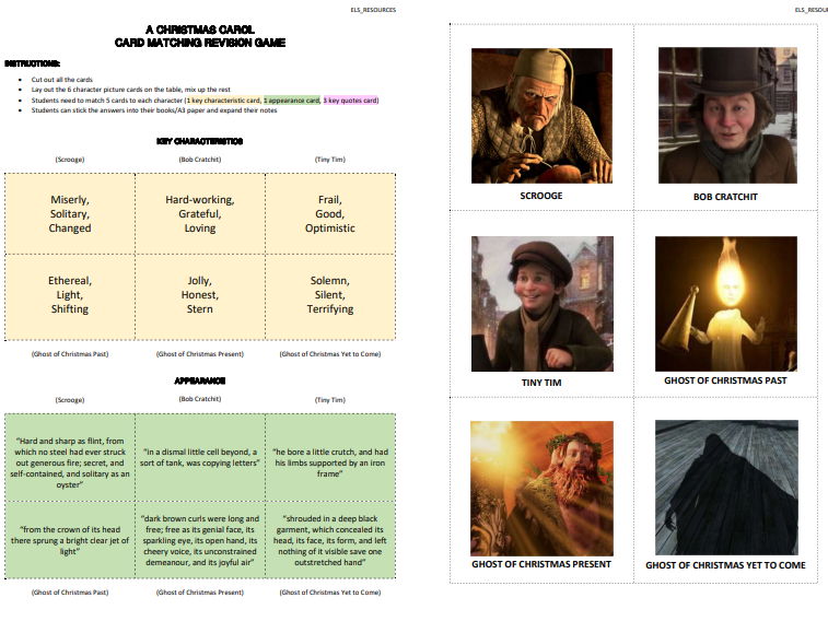 GCSE English Lit - A Christmas Carol - Card Matching Revision Game