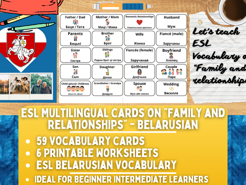 ESL Multilingual Vocabulary Flashcards - Family and Relationships - Belarusian