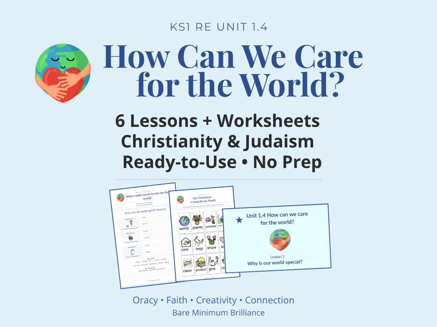 KS1 RE - Caring for the World Unit Christianity and Judaism 6 Lessons and Worksheets No Prep