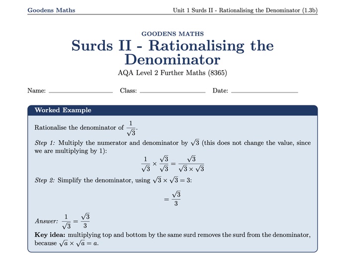 Rationalising the Denominator Worksheet - Surds
