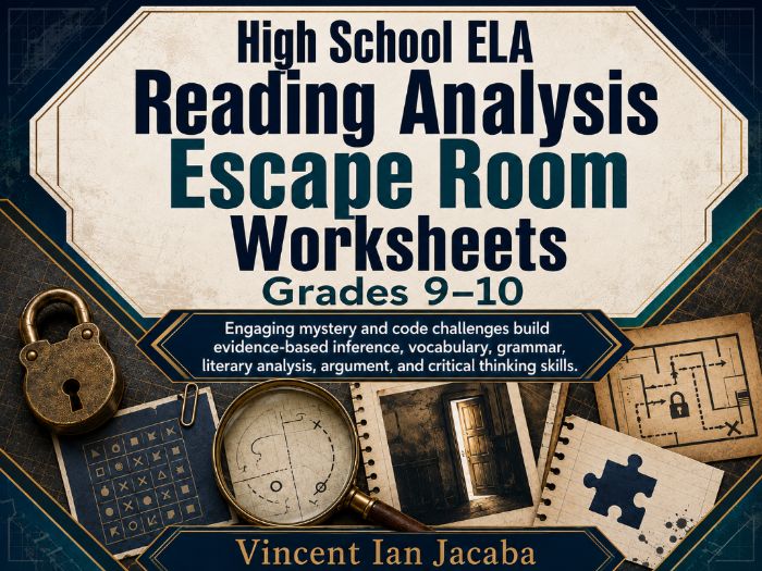 High School ELA Reading Analysis Escape Room Worksheets | Grades 9–10 | 20 Activities