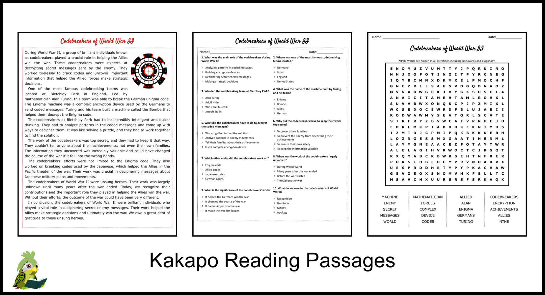 Codebreakers of World War II Reading Comprehension and Word Search ...