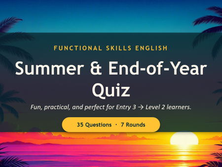 Functional Skills English Entry 3–Level 2 Summer & End‑of‑Year Quiz – 35 Questions, 7 Rounds, Fun ES
