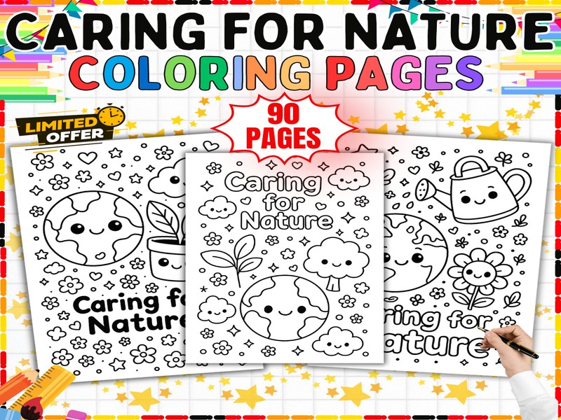 Caring for Nature Coloring Pages | 90 Page Coloring Sheets | Earth Day Plants and Globe