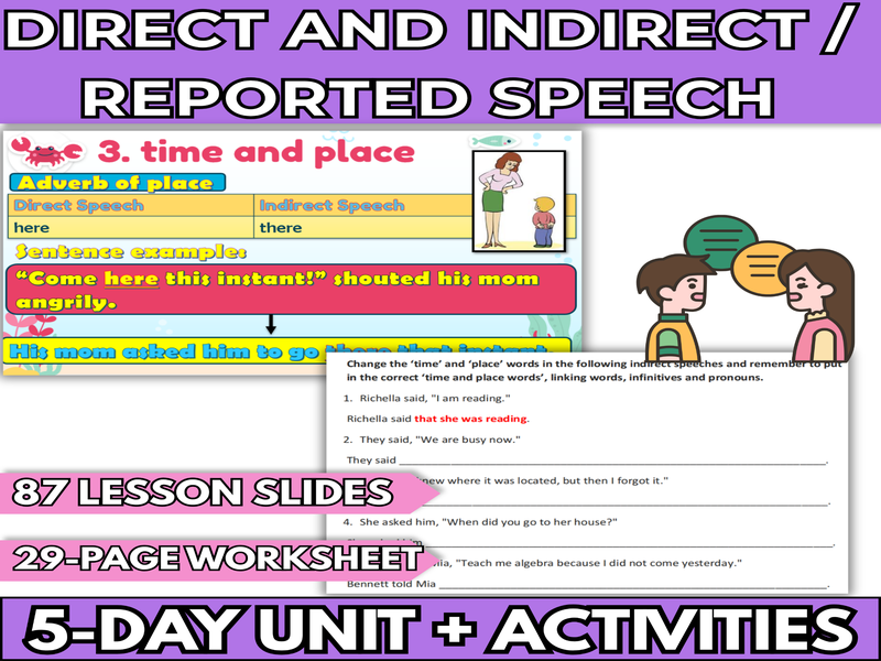 EFL / ESL Direct and Indirect / Reported Speech - Lesson Slides & Worksheets