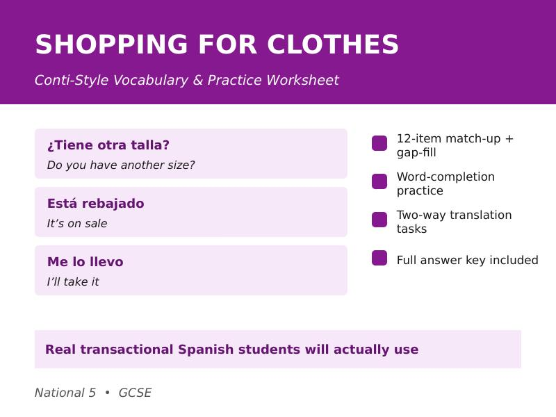 Shopping for Clothes - Conti-Style Vocabulary & Practice Worksheet