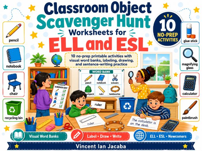 Classroom Object Scavenger Hunt Worksheets for ELL & ESL | Vocabulary Activities
