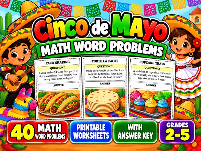 Cinco de Mayo Math Word Problems | 40 Printable Worksheets with Answer Key