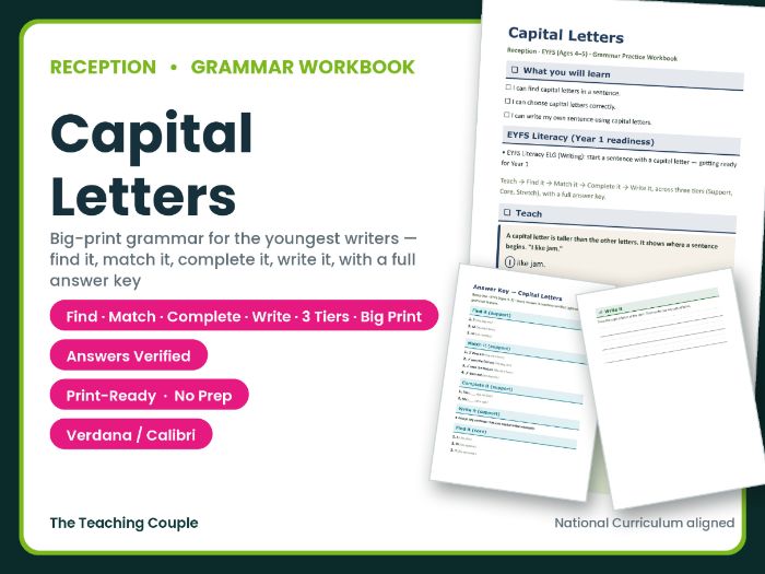 Reception Capital Letters Worksheets – Grammar Workbook + Answer Key