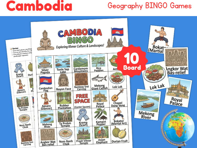 Cambodia Geography Bingo Game | Culture, Landmarks & Country Study