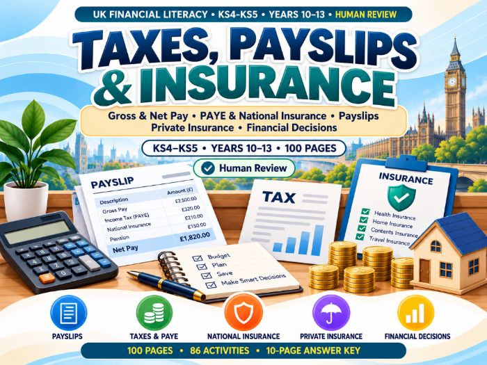 Taxes, Payslips, PAYE & Insurance Workbook | KS4–KS5 | 100 Pages