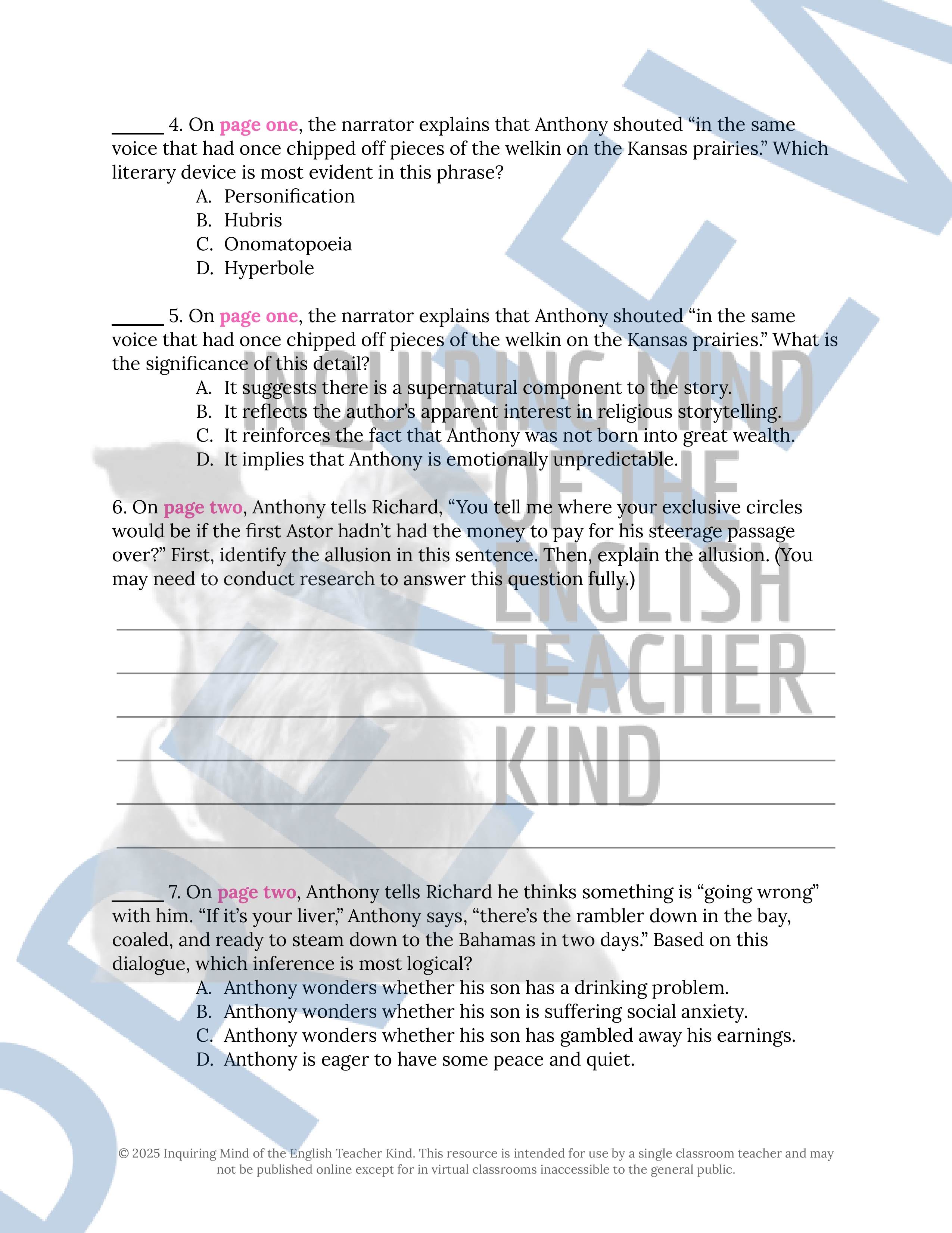 "Mammon and the Archer" by O. Henry Analysis Worksheet | Valentine's ...
