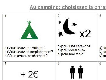 Camping multi-choice quiz in French