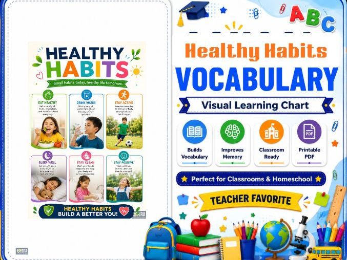 Healthy Habits Vocabulary Chart for Kids – Printable Educational Poster for Preschool, Kindergarten