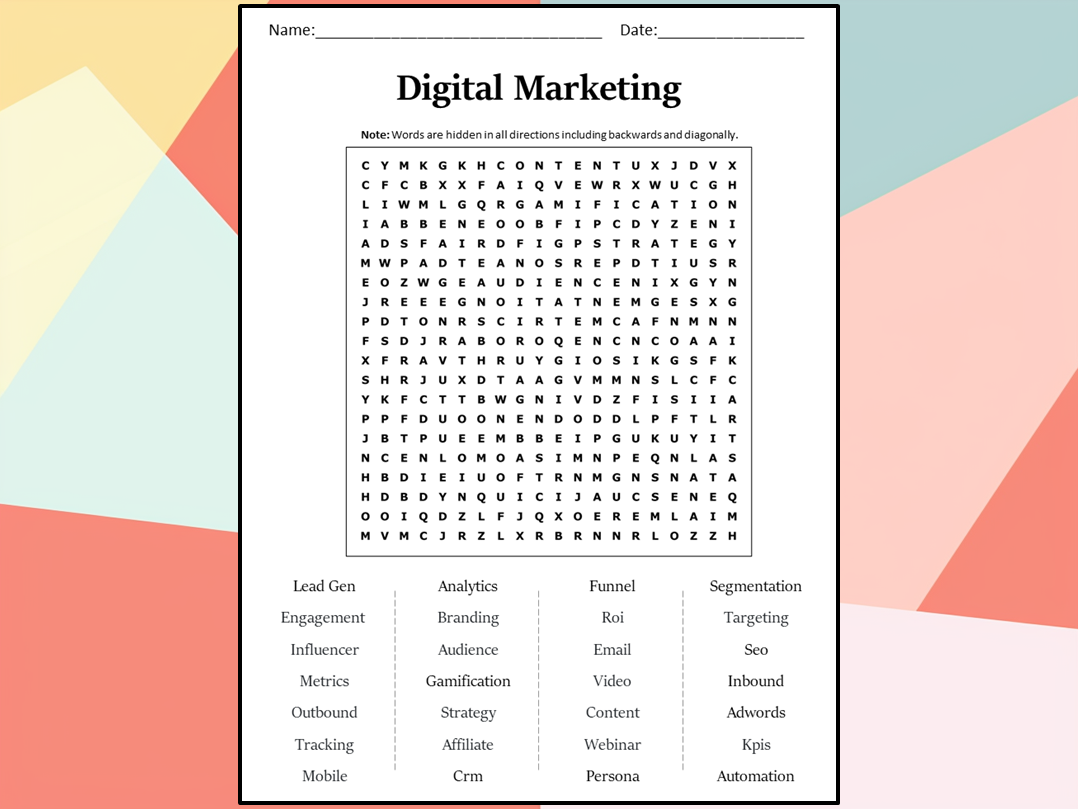 Digital Marketing Word Search Puzzle Worksheet Activity Teaching