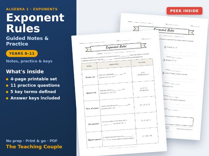 Exponent Rules Guided Notes & Practice + Answer Keys | Years 8-11