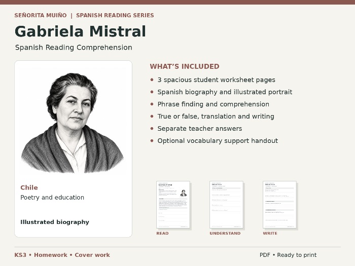 Gabriela Mistral Spanish Reading Comprehension - KS3 Homework and Cover Work