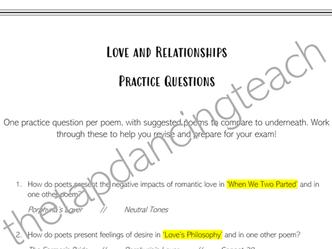 Love and Relationships Poems- Practice Questions