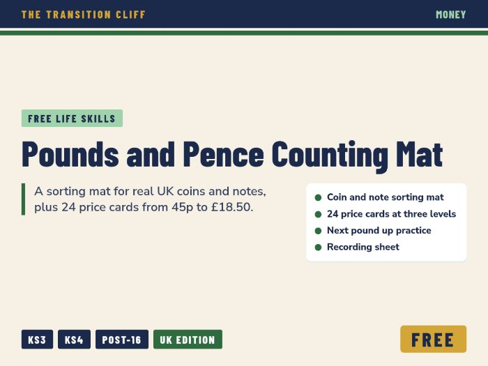 FREE UK Money Counting Mat and Price Cards: Pounds and Pence for SEND Life Skills