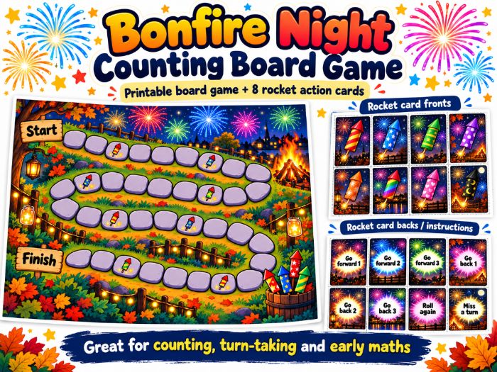 Bonfire Night Counting Board Game – Printable Maths Game