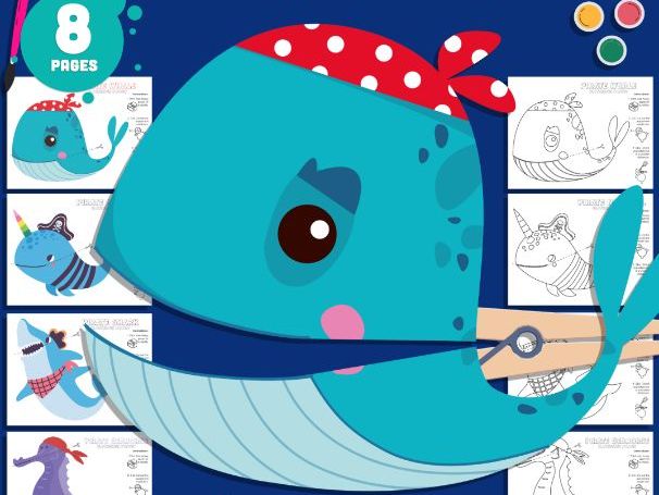 Pirate Sea Animal Clothespin Puppets, Ocean Adventure Craft Activity, Whale Narwhal Shark Seahorse