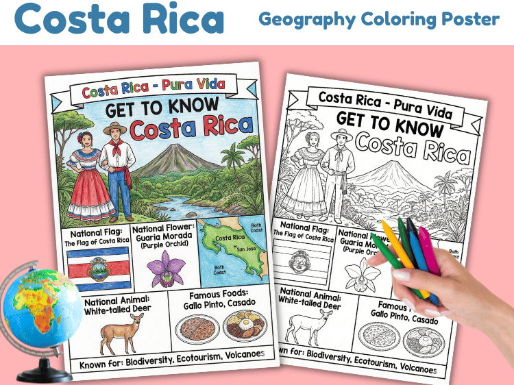 Costa Rica Geography Coloring Poster | Country Facts & Map