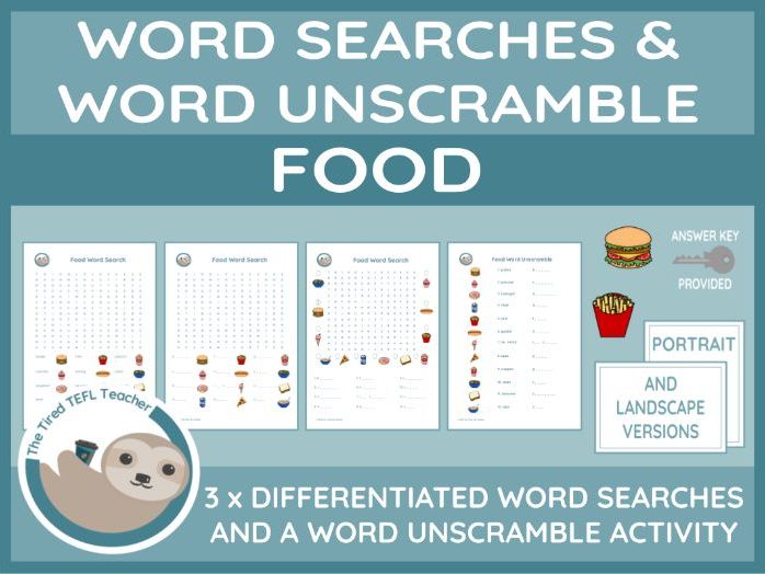 ESL Food Differentiated Word Searches and Word Unscramble