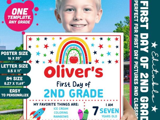Editable First & Last Day of 2nd Grade Sign, Printable Back to School Picture Board