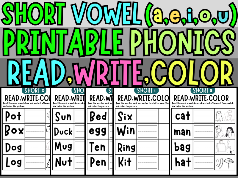 CVC Words Phonics Worksheets | Short Vowel Sounds a-e-i-o-u | EYFS & KS1 Literacy Activities Pack