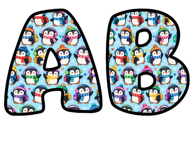 Winter Penguins Bubble Letters | Seasonal Bulletin Board Letters | Printable Alphabet A-Z and 0-9