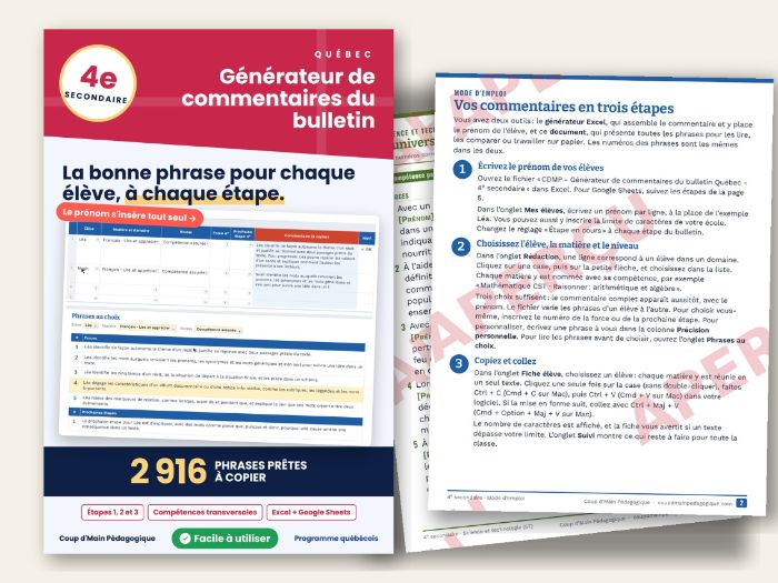 French Report Card Comments Québec Secondary IV | Bulletin 4e secondaire