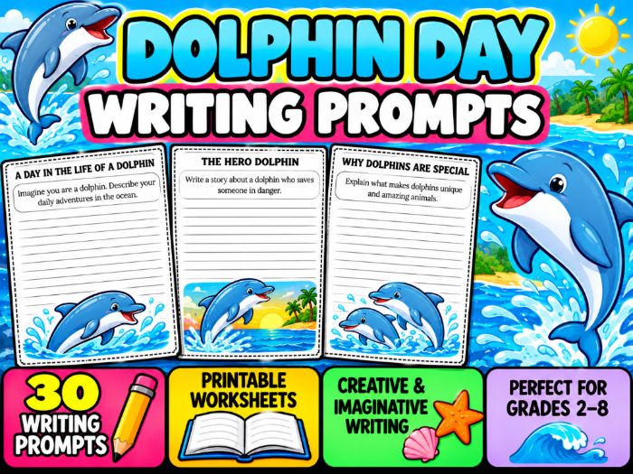 Dolphin Day Writing Prompts | 30 Printable Worksheets