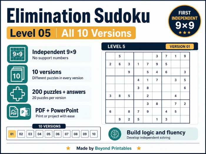 Elimination Sudoku Level 5 Bundle | 10 Versions | 200 Independent 9×9 Puzzles