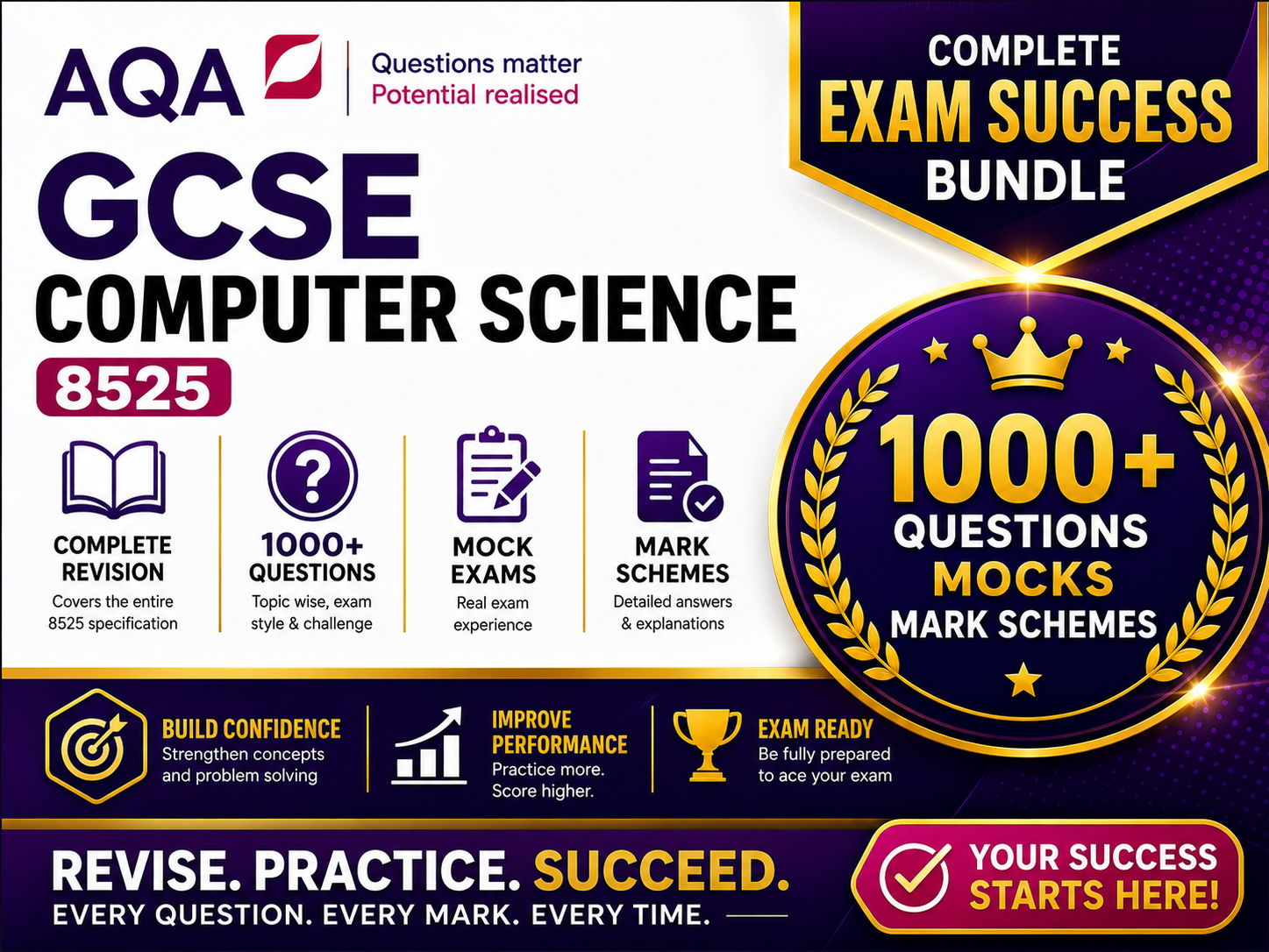AQA GCSE Computer Science 8525 Complete Exam Success Bundle | Revision, 1000+ Questions, Mocks & Mark Schemes