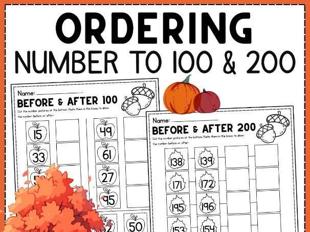 Autumn Ordering Numbers to 100 & 200 - Before and After Cut and Paste Worksheets