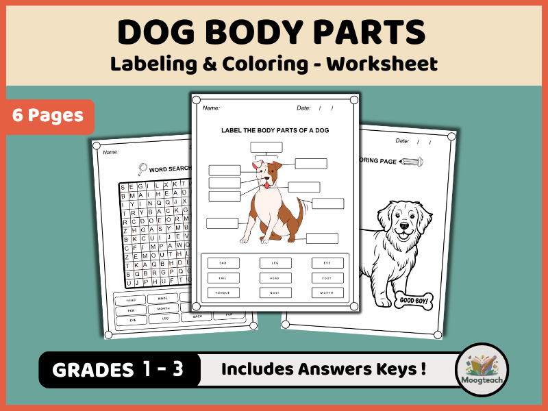 Dog Body Parts Worksheet Pack | Labeling, Coloring & Word Search (K-2 Pet Vocabulary PDF)