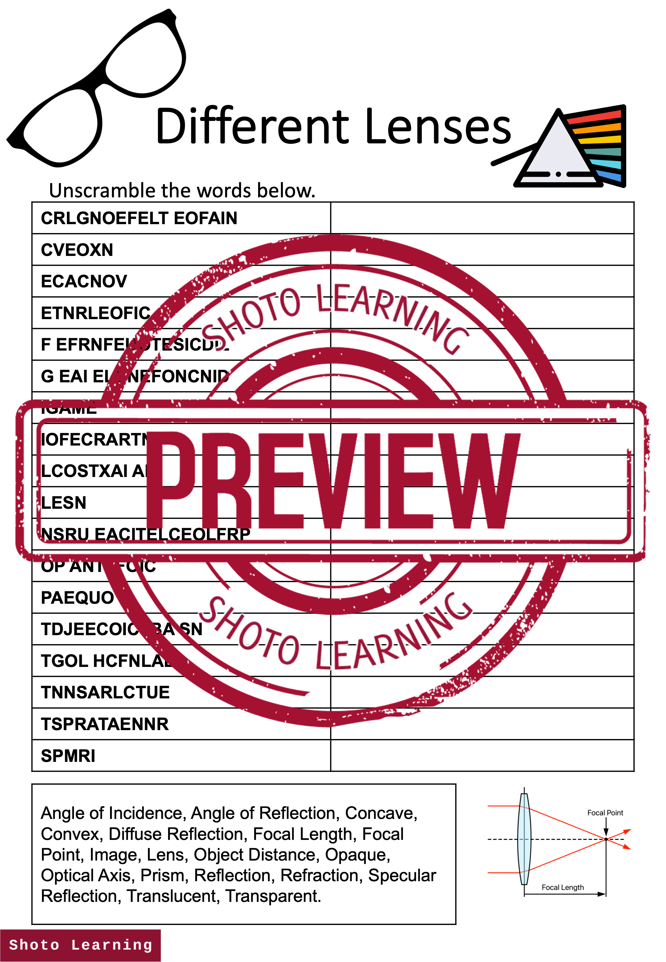 DIFFERENT LENSES SCIENCE ACTIVITY SCRAMBLE WORDS UNSCRAMBLE VOCABULARY WORKSHEET Teaching