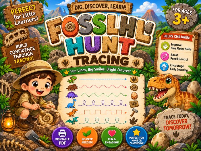 Fossil Hunt Tracing Worksheets | Dinosaur Pre-Writing & Fine Motor Activities | Preschool–Grade 1