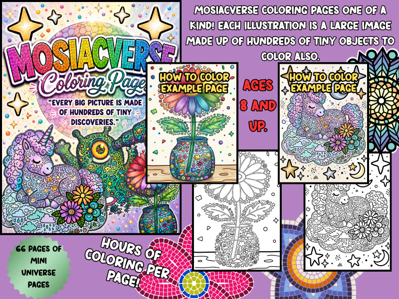 MosiacVerse Coloring Pages for Ages 7–12 | Creative Tiny Doodle Mosaic Coloring Book | Grades 2–Adul