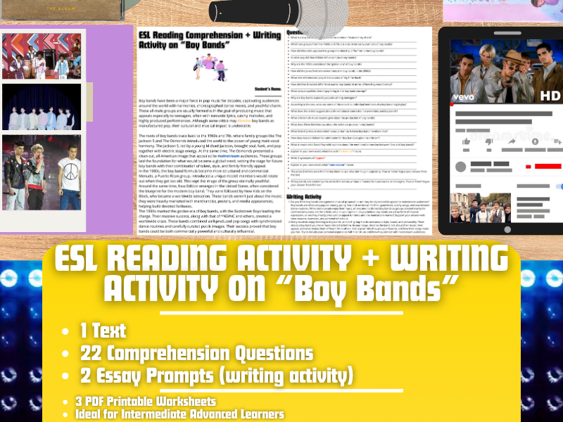 ESL Reading Comprehension + Writing Activity Worksheets - Boy Bands