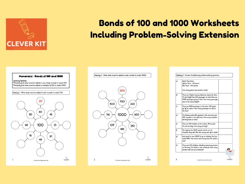 Bonds of 100 and 1000 Worksheets with Problem Solving Extension