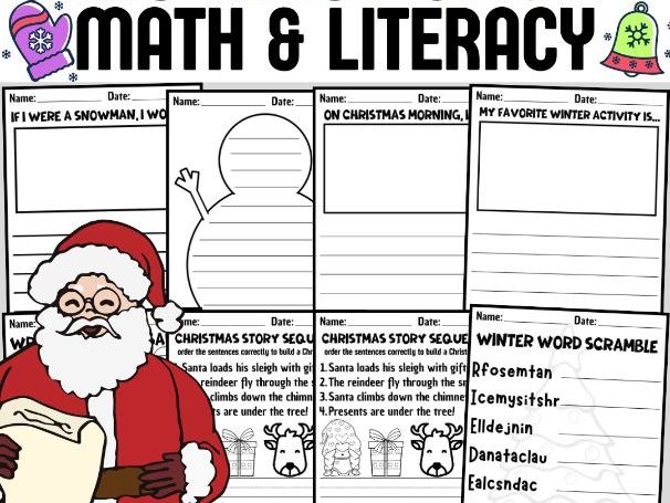 Winter Christmas Math & Literacy Activities Pack | Holiday Worksheets | December Classroom Bundle