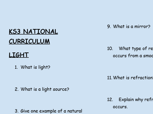 KS3 Light Revision Worksheets | 30 Questions & Answers | PDF Download