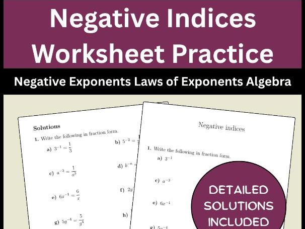 Negative Indices Worksheet Practice Negative Exponents Laws of Exponents Algebra
