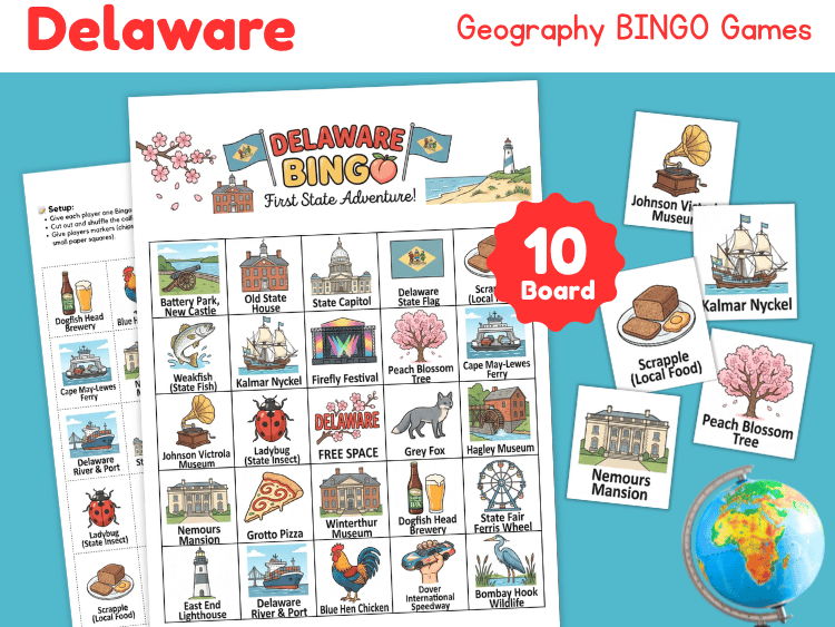 Delaware Geography Bingo Game | 10 Printable Bingo Boards