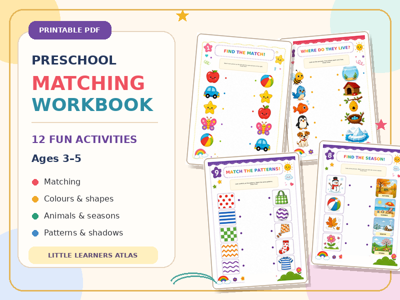 Preschool Matching Workbook – 12 Fun Printable Activities for Ages 3–5