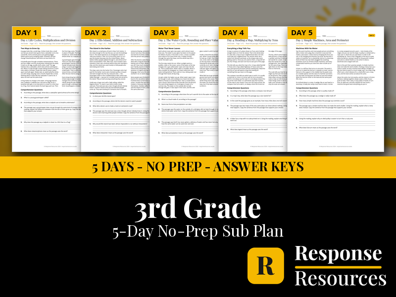 3rd Grade Emergency Sub Plans - 5 Days No Prep All Subjects Print and Go