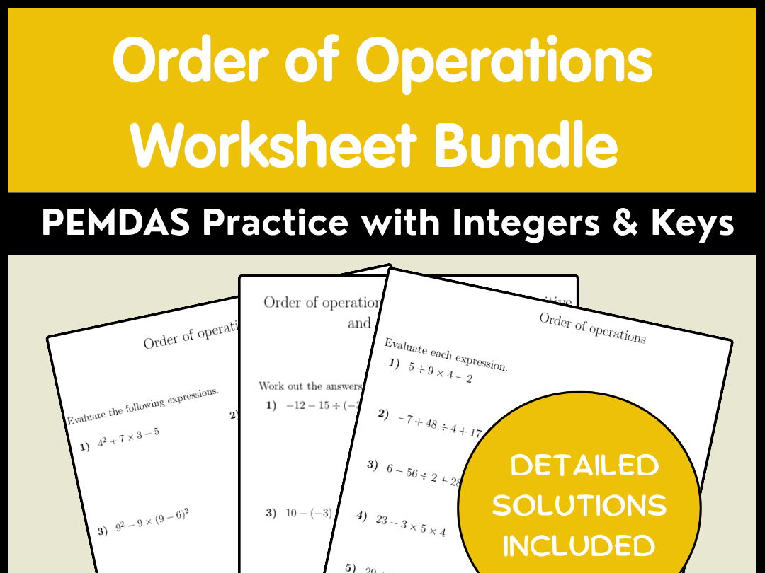 Order of Operations Worksheet Bundle - PEMDAS Practice with Integers & Keys