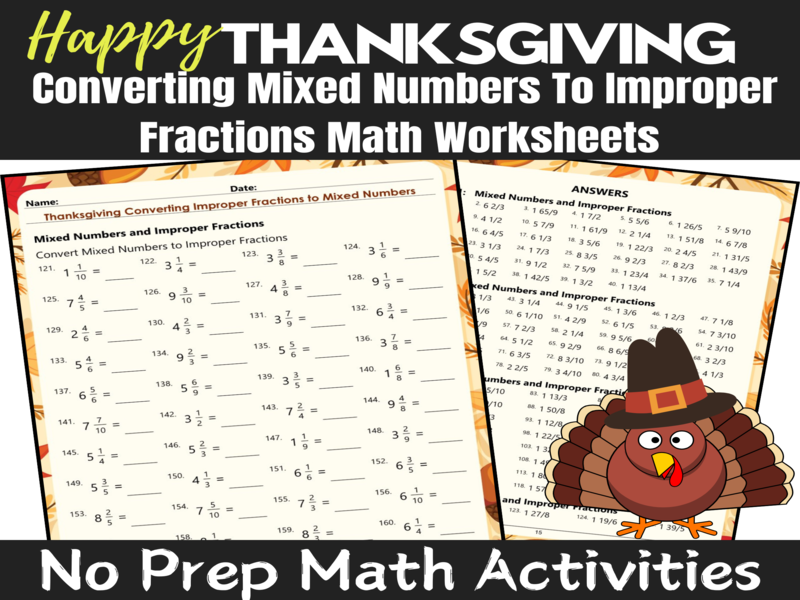 Thanksgiving Converting Improper Fractions to Mixed Numbers Pack of 14 Worksheets