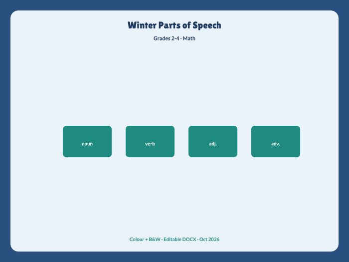 Winter grammar parts of speech worksheets Grades 2-4 pack